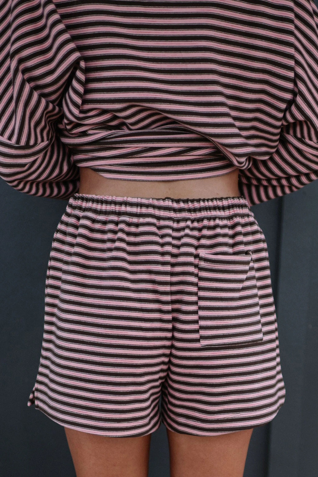 Brown Stripe Long Sleeve Oversized Top Pocketed Casual Shorts Two Piece Set