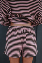 Brown Stripe Long Sleeve Oversized Top Pocketed Casual Shorts Two Piece Set