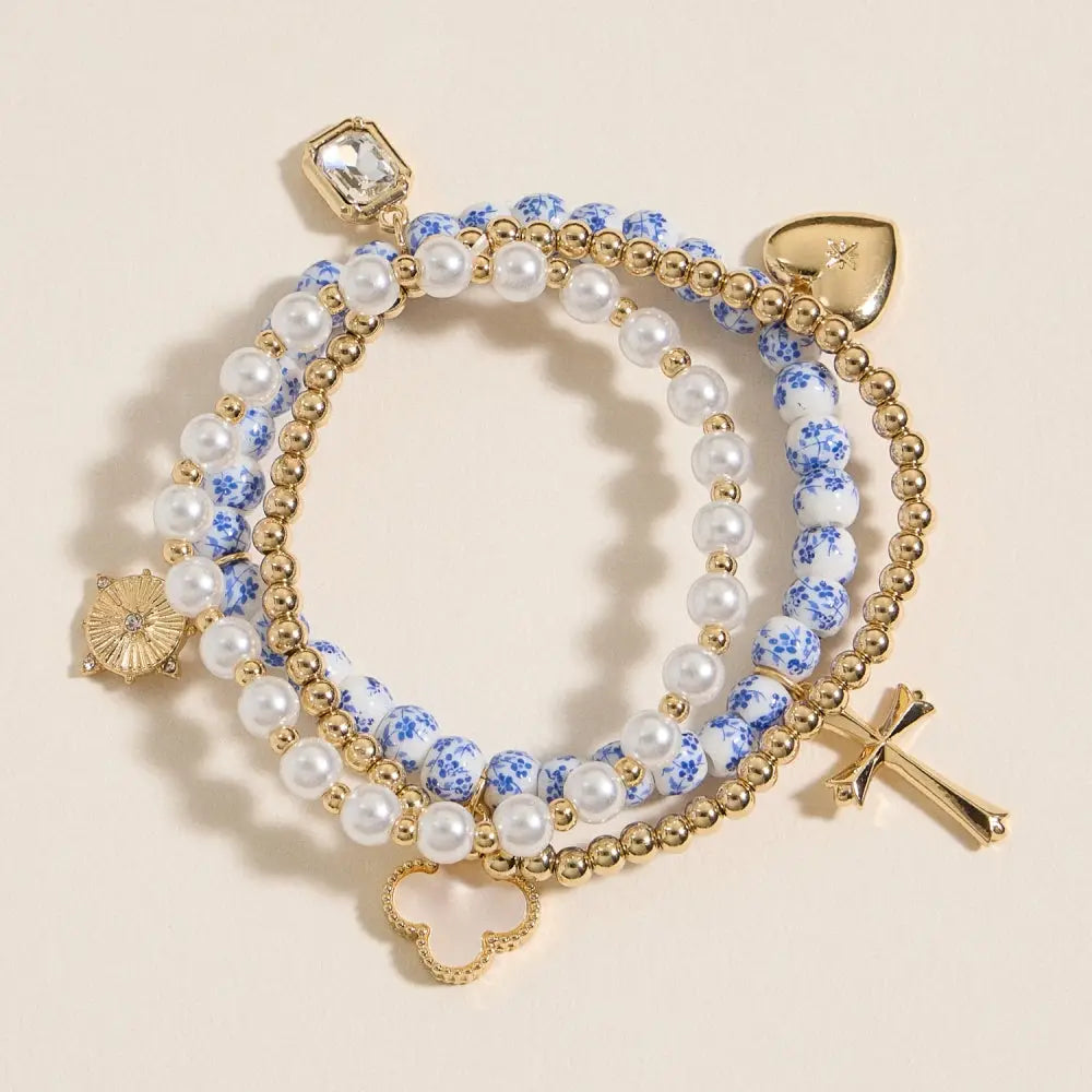 Pearl Beaded Charm Layered Bracelet
