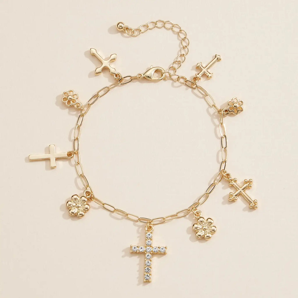Alloy Floral and Cross Charm Chain Bracelet