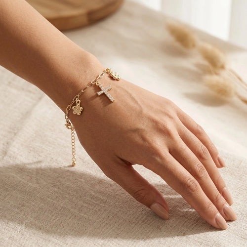 Alloy Floral and Cross Charm Chain Bracelet
