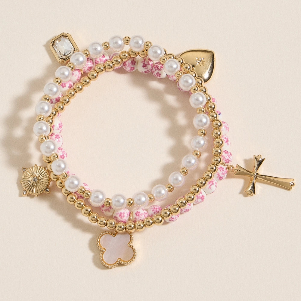 Pearl Beaded Charm Layered Bracelet