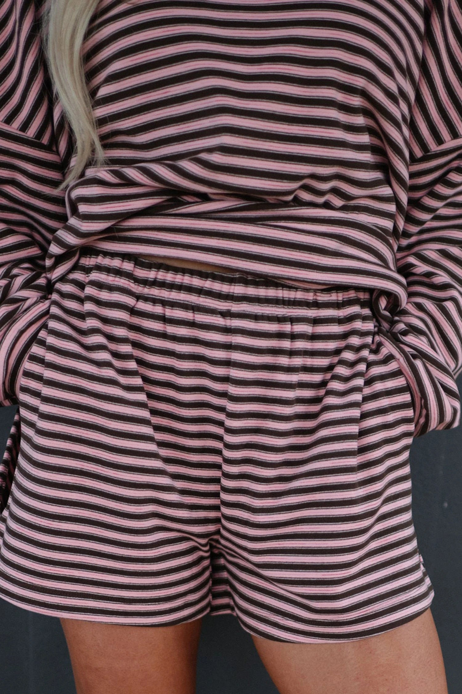 Brown Stripe Long Sleeve Oversized Top Pocketed Casual Shorts Two Piece Set