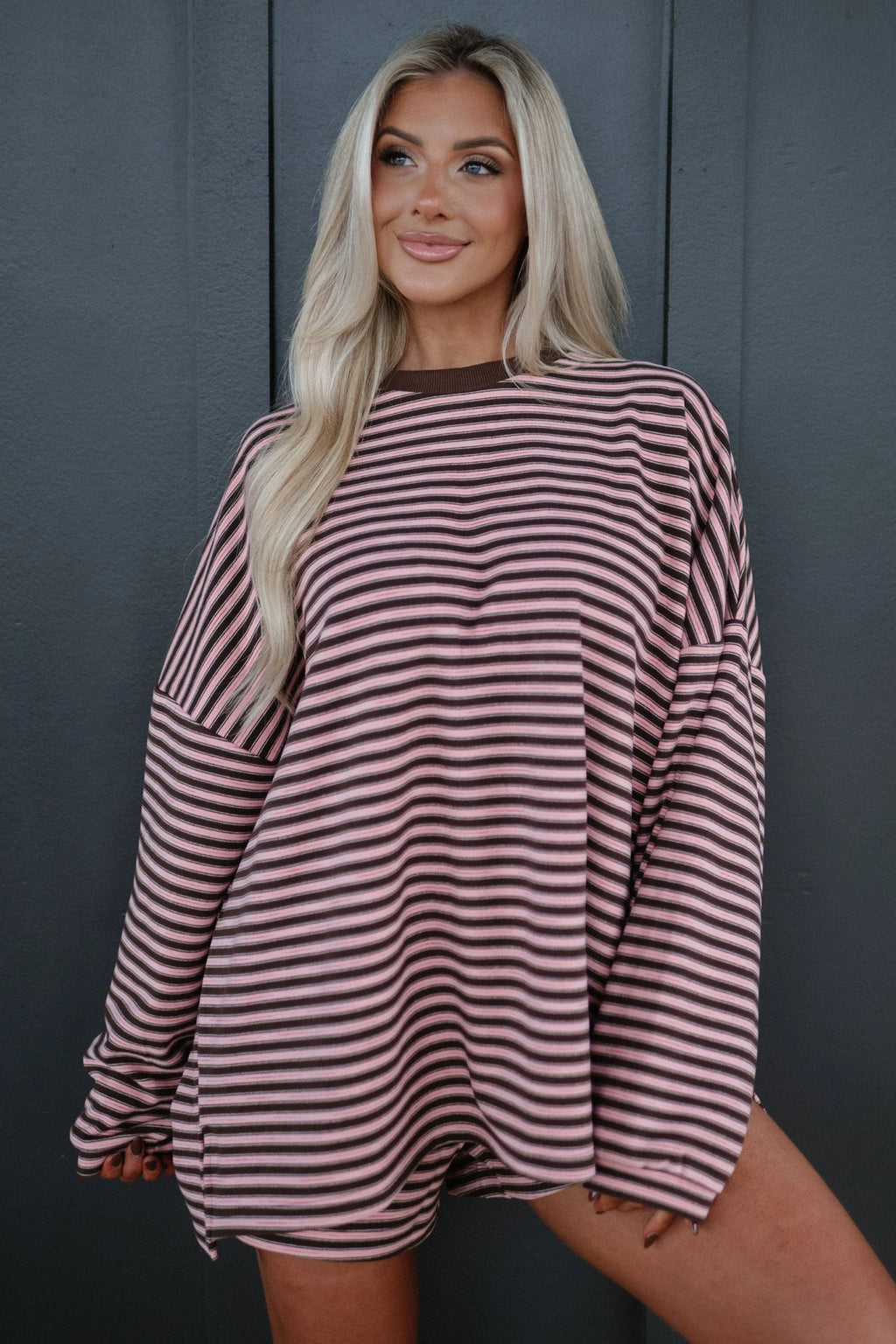 Brown Stripe Long Sleeve Oversized Top Pocketed Casual Shorts Two Piece Set