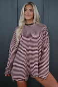 Brown Stripe Long Sleeve Oversized Top Pocketed Casual Shorts Two Piece Set