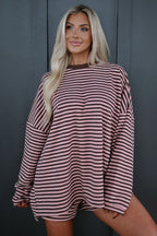 Brown Stripe Long Sleeve Oversized Top Pocketed Casual Shorts Two Piece Set